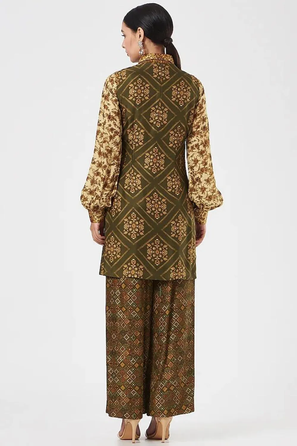 Olive Green Silk Printed Tunic Set