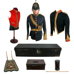 Original British Victorian Era Boer Wars Royal Artillery Colonel Grouping With Sabretache, Baldric With Pouch, Blue Cloth Dress Spike Helmet, Swagger Stick and Tin Travel Cases