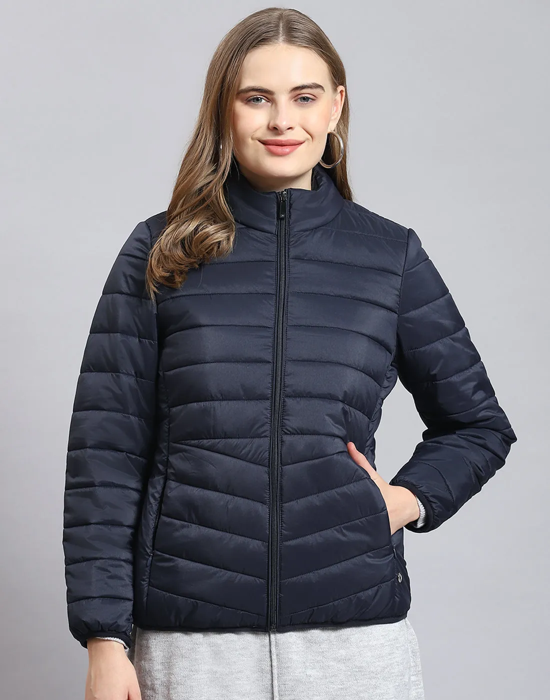 Pack it, style it, slay it, Women Navy Blue Packable Full Sleeve Jacket