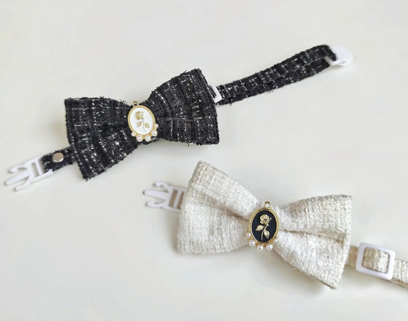 Pet Braided Plaid Collar Adjustable Breakaway with Vintage Pearl Bow Tie for Cats under 10kg