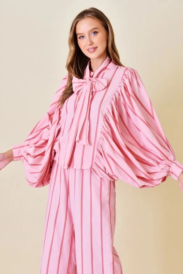 Pink Stripe Balloon Sleeve Top and Matching Pants Set