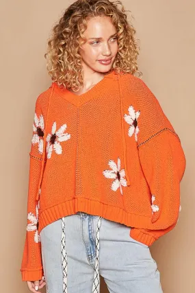 POL Sweater Orange Floral Pattern Hooded High-Low Pullover