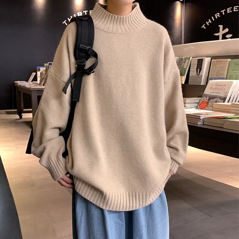 Pullover Solid Color Half Turtleneck Men's Sweaters Loose Autumn Base Knitwear Fashion Korean Style Male Casual Oversized 3XL