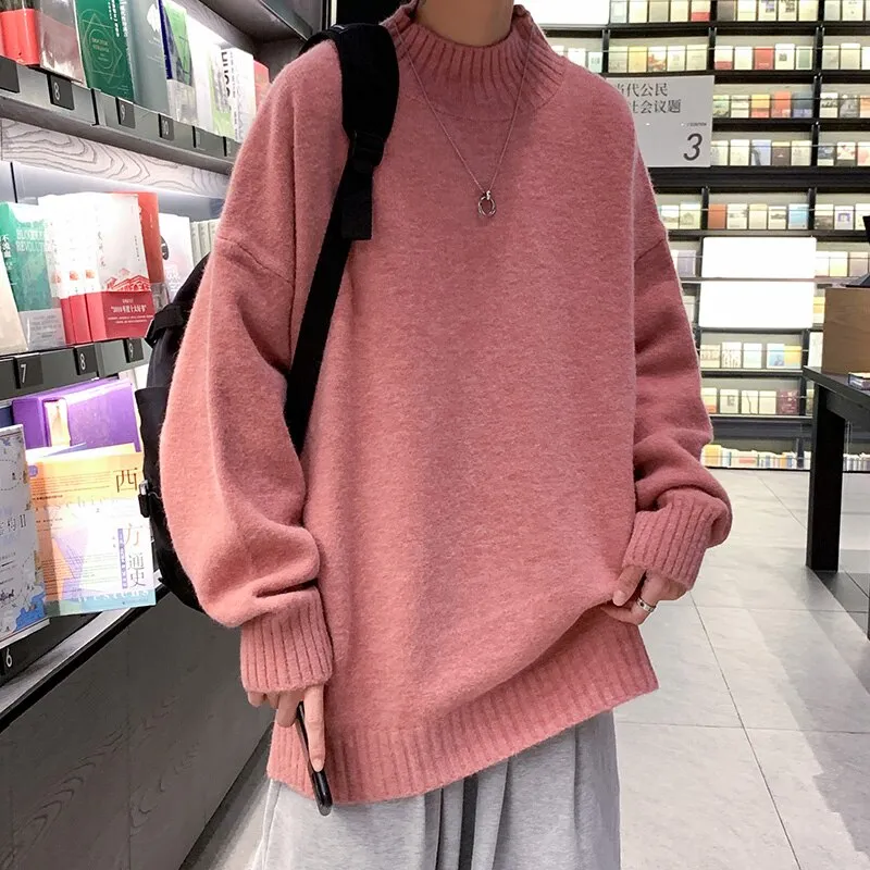 Pullover Solid Color Half Turtleneck Men's Sweaters Loose Autumn Base Knitwear Fashion Korean Style Male Casual Oversized 3XL