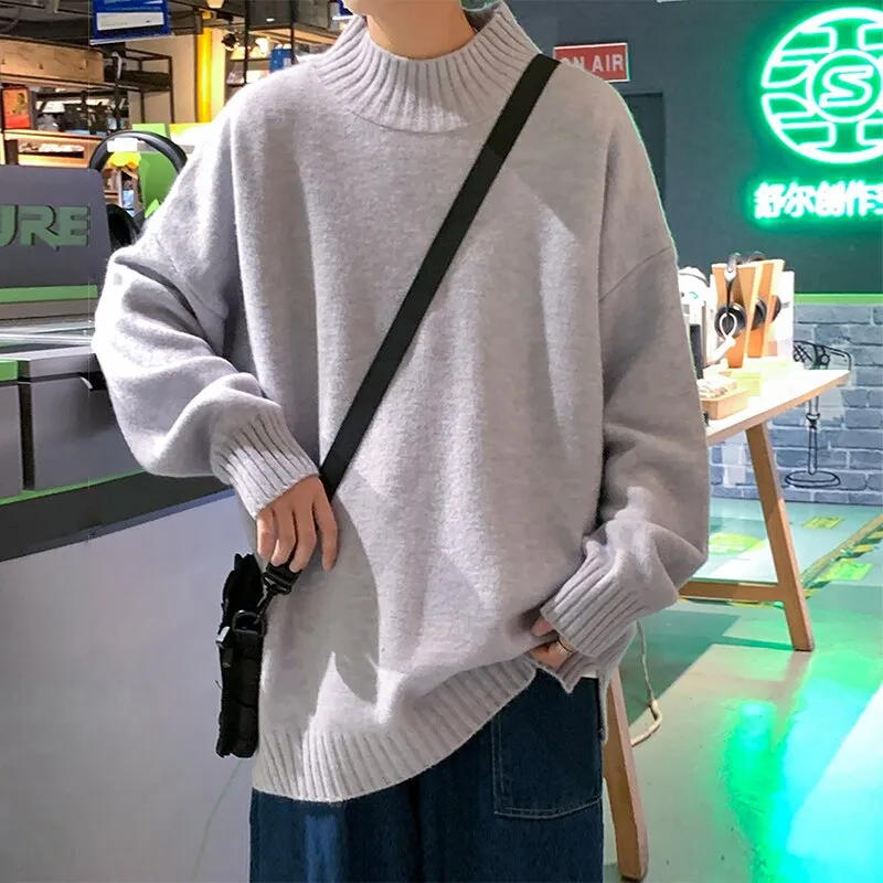 Pullover Solid Color Half Turtleneck Men's Sweaters Loose Autumn Base Knitwear Fashion Korean Style Male Casual Oversized 3XL