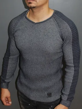 R&R Men Stylish Side Arm Ribbed V Neck Sweater - Navy Blue