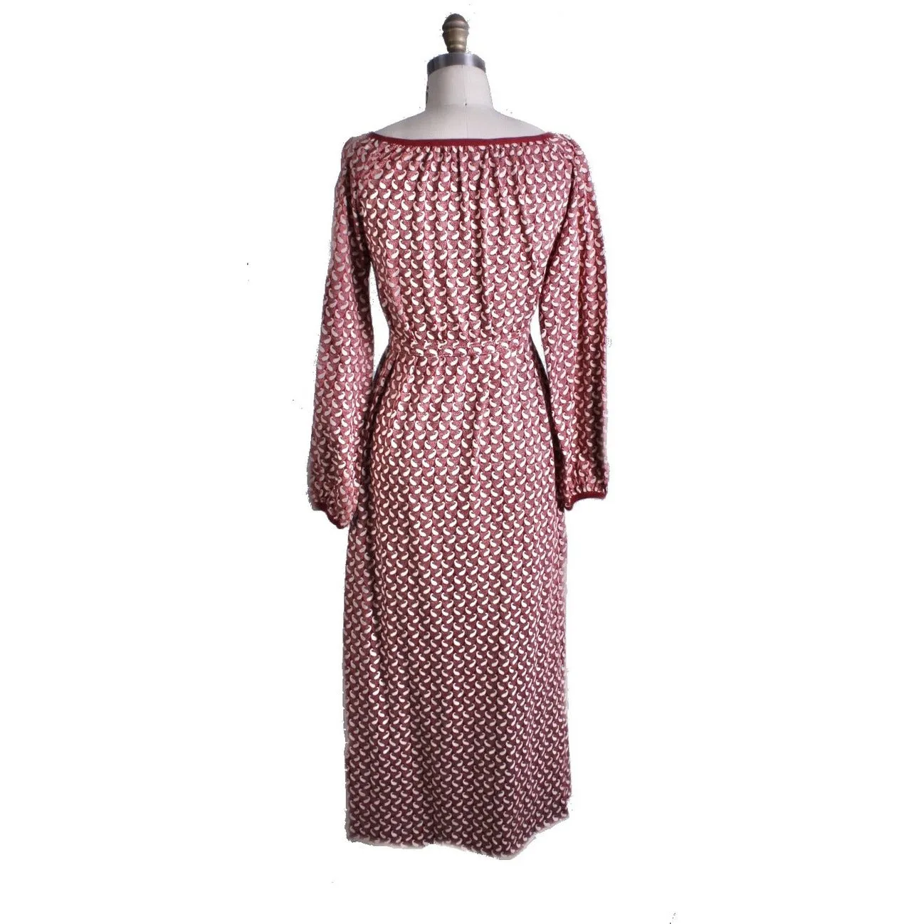 RARE Vintage Marimekko Cotton Knit Maxi Peasant Dress 70s Maroon & Ivory womens XS