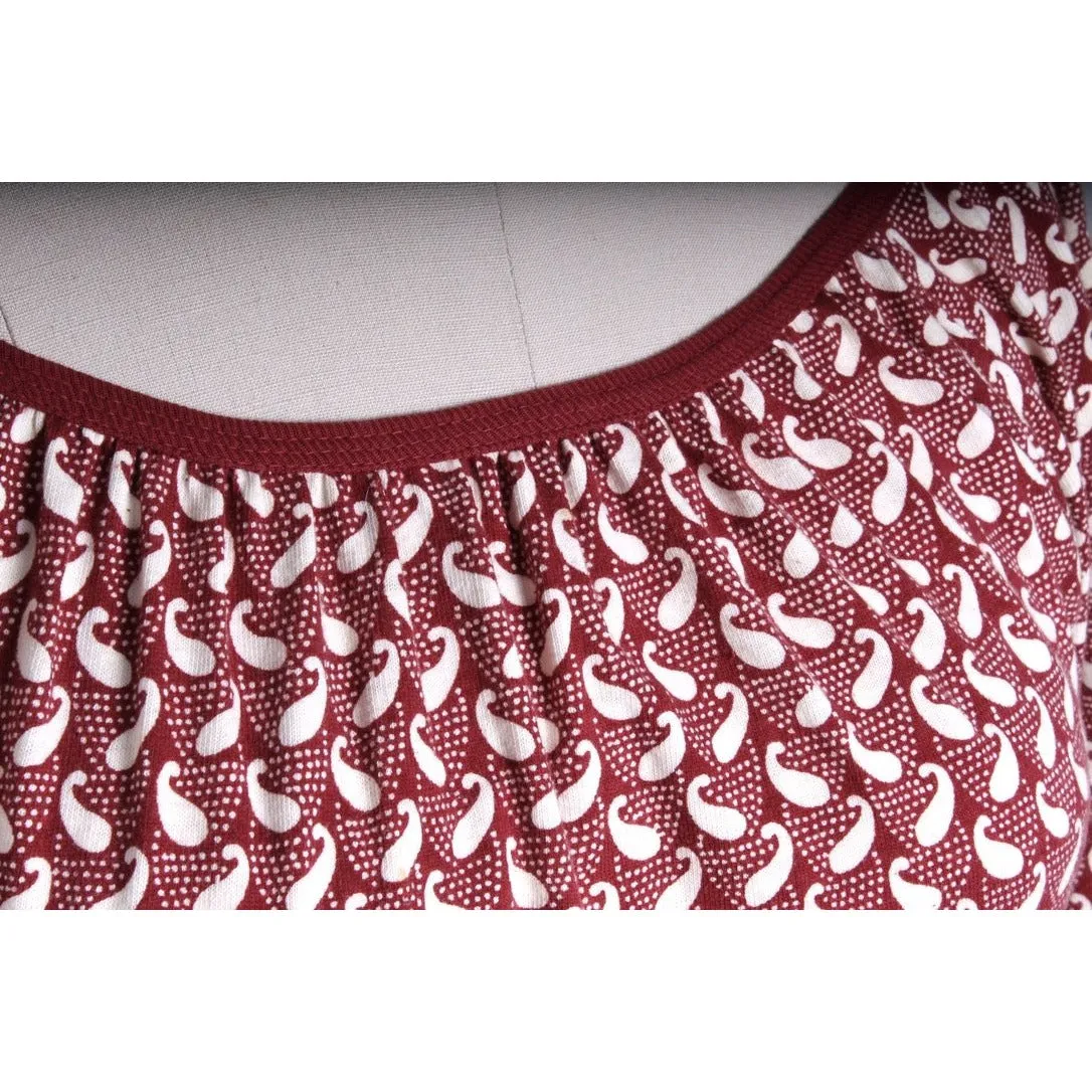 RARE Vintage Marimekko Cotton Knit Maxi Peasant Dress 70s Maroon & Ivory womens XS