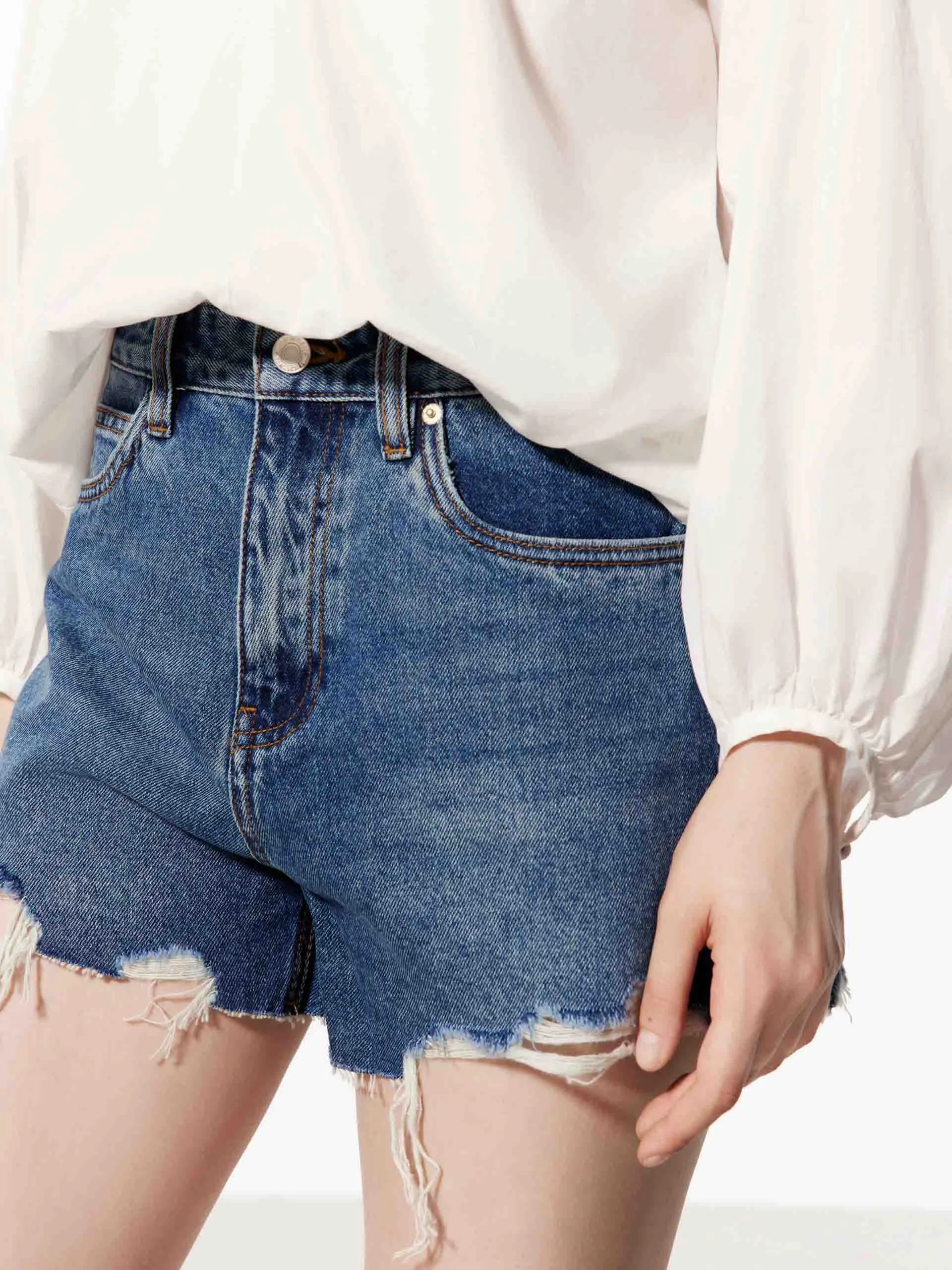 Ripped Washed Cotton Denim Shorts