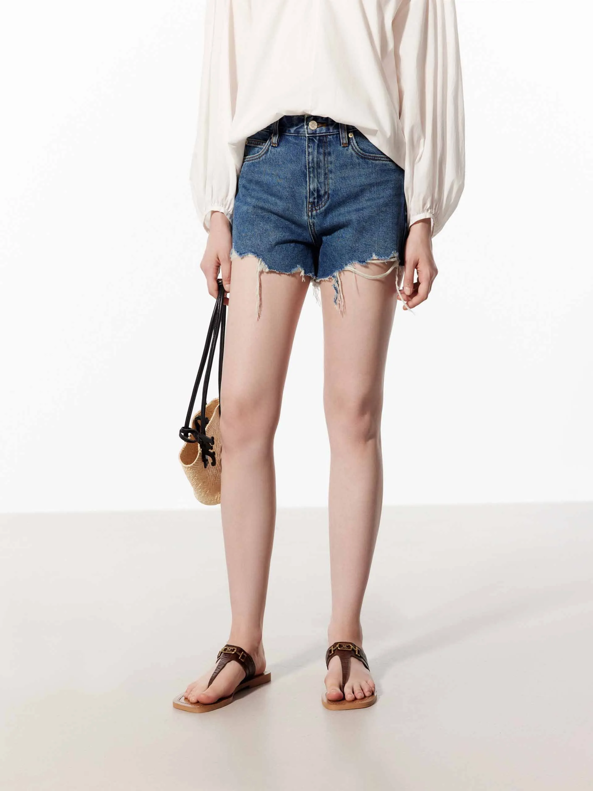 Ripped Washed Cotton Denim Shorts