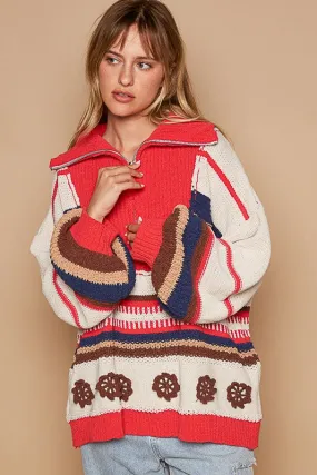 Sand/Red Multi High Collar Half Zipper Ethnic Color Block Sweater