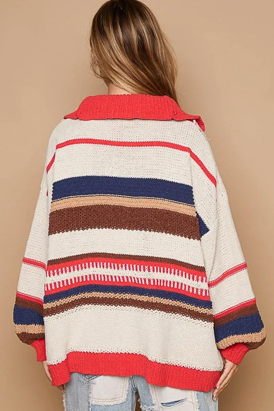 Sand/Red Multi High Collar Half Zipper Ethnic Color Block Sweater