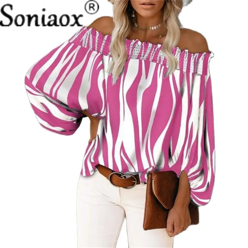 Sexy Off Shoulder Stripe Print Chiffon Shirt Women Fashion One Neck Lantern Long Sleeve Pullover Tops Street Vintage Lady Blouse