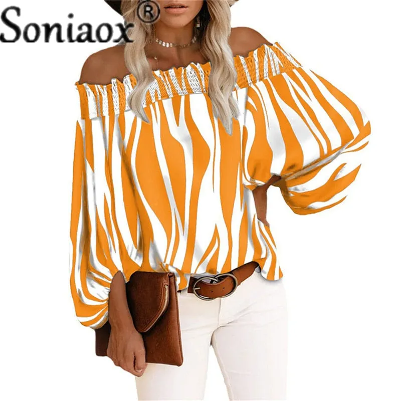 Sexy Off Shoulder Stripe Print Chiffon Shirt Women Fashion One Neck Lantern Long Sleeve Pullover Tops Street Vintage Lady Blouse