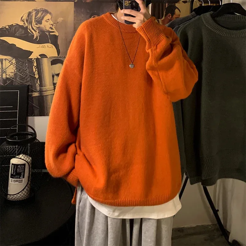 Solid Color Men's Winter Sweater Oversize Harajuku Pullover O-Neck Warm Korean Style Male Sweater Men's Clothing