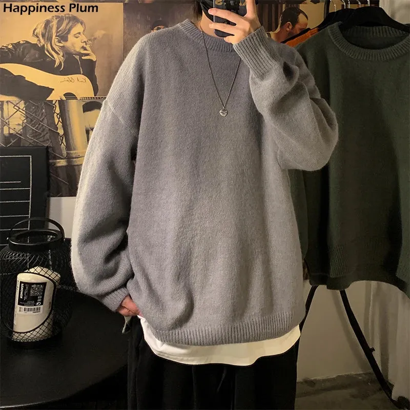 Solid Color Men's Winter Sweater Oversize Harajuku Pullover O-Neck Warm Korean Style Male Sweater Men's Clothing