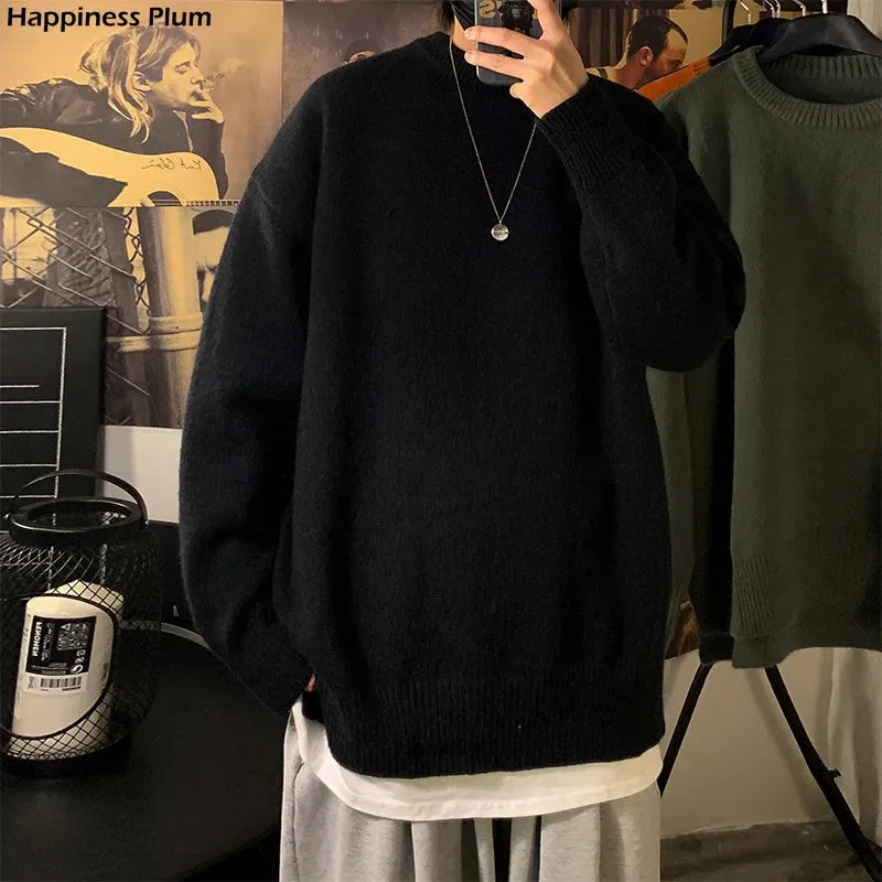 Solid Color Men's Winter Sweater Oversize Harajuku Pullover O-Neck Warm Korean Style Male Sweater Men's Clothing