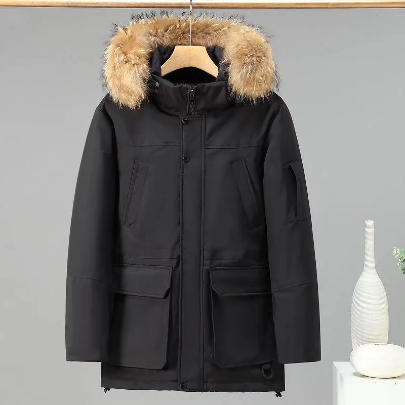 Solid Color Thickened Male Parka Jacket with/without Racoon Fur Collar (3 colors)