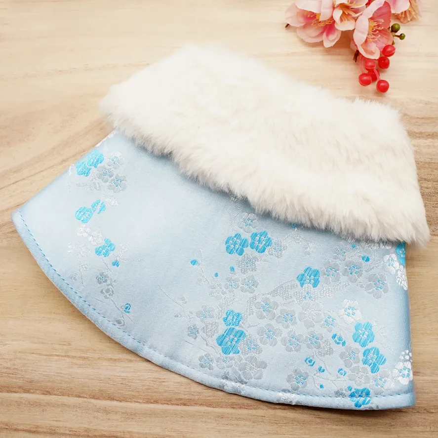 Spring Imperial Baby Blue Blossom CNY Cape with White Faux Fur Collar