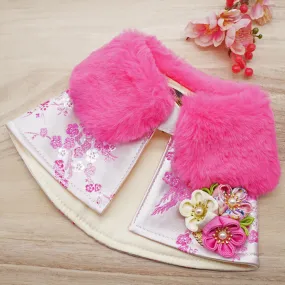 Spring Imperial Baby Pink Blossoms CNY Cape with Fuschia Pink Faux Fur Collar