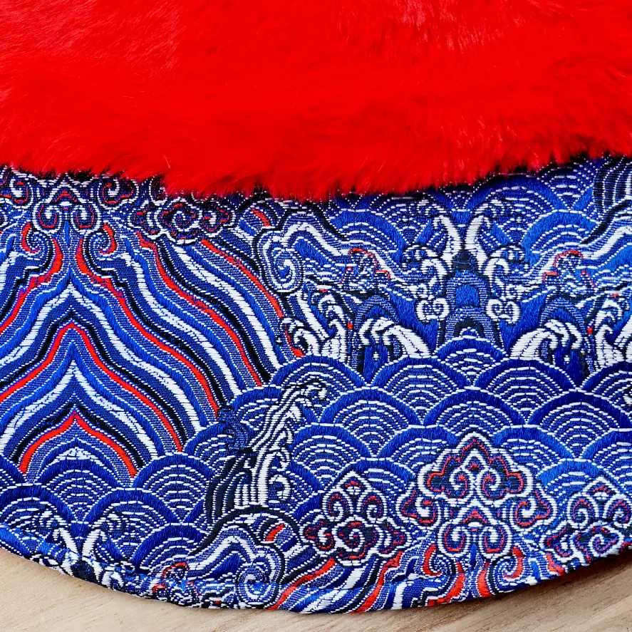 Spring Imperial Red Blue Waves CNY Cape with Red Faux Fur Collar