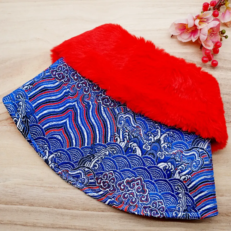 Spring Imperial Red Blue Waves CNY Cape with Red Faux Fur Collar