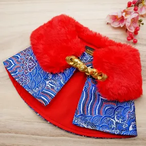 Spring Imperial Red Blue Waves CNY Cape with Red Faux Fur Collar