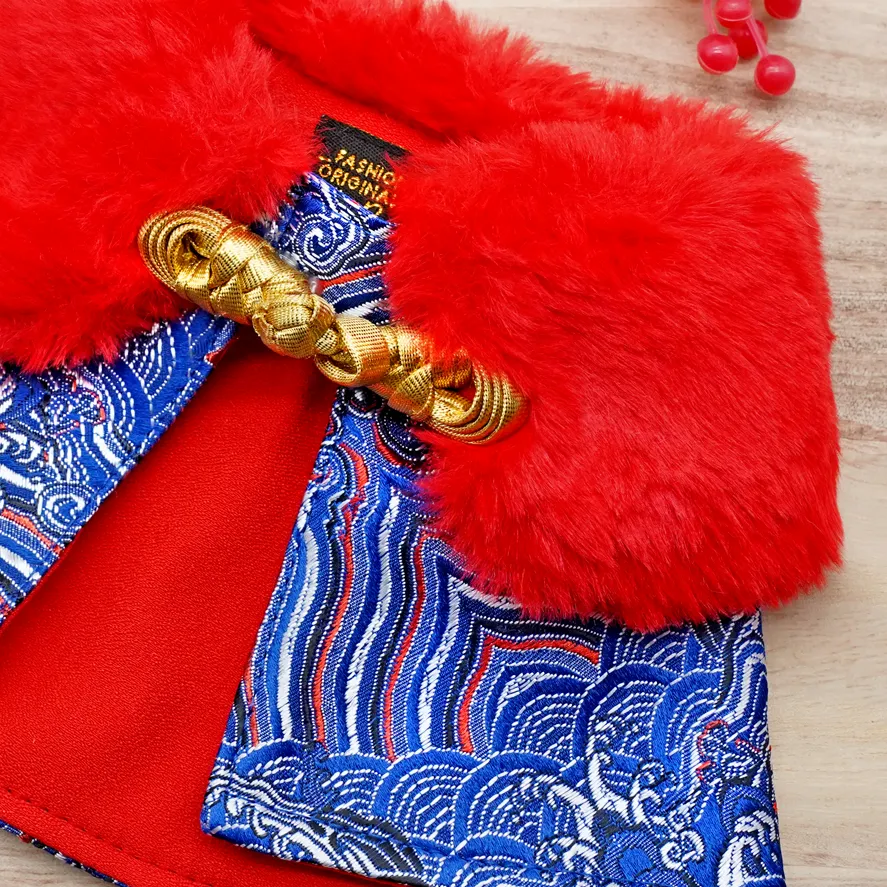 Spring Imperial Red Blue Waves CNY Cape with Red Faux Fur Collar