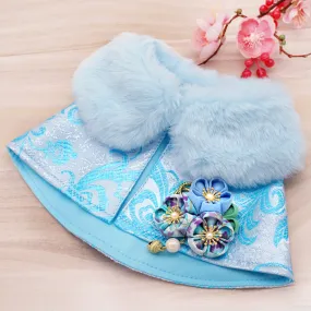 Spring Imperial Snow Blue Blossoms CNY Cape with Faux Fur Collar