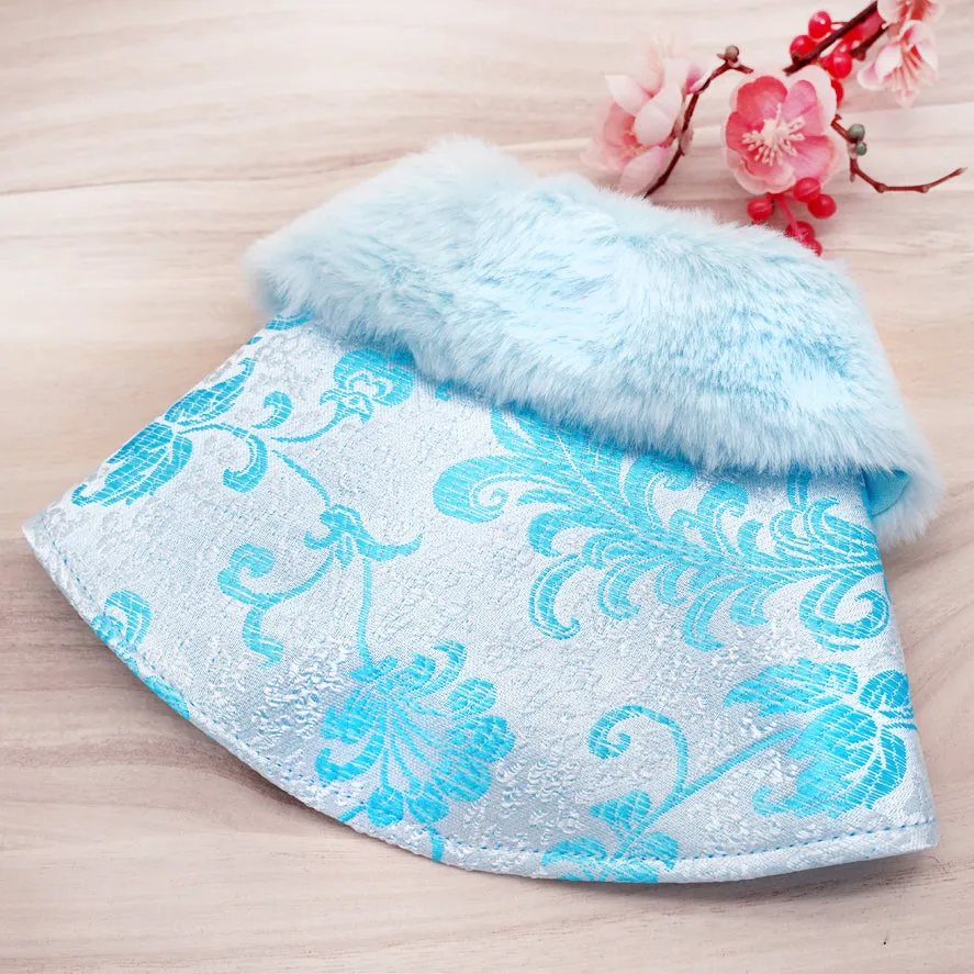 Spring Imperial Snow Blue Blossoms CNY Cape with Faux Fur Collar