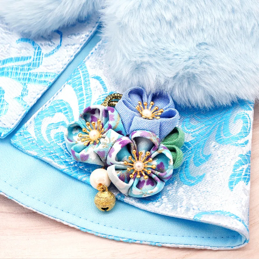 Spring Imperial Snow Blue Blossoms CNY Cape with Faux Fur Collar