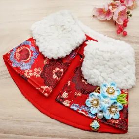 Spring Of Blessings in Red Blue Blossoms CNY Cape with White Fur Collar