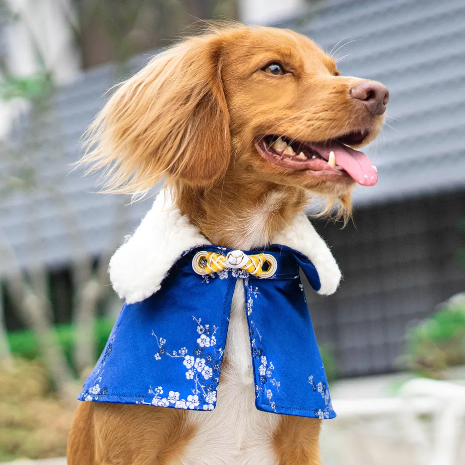 Spring Of Strength in Deep Royal Blue Blossoms CNY Cape with Faux Fur Collar