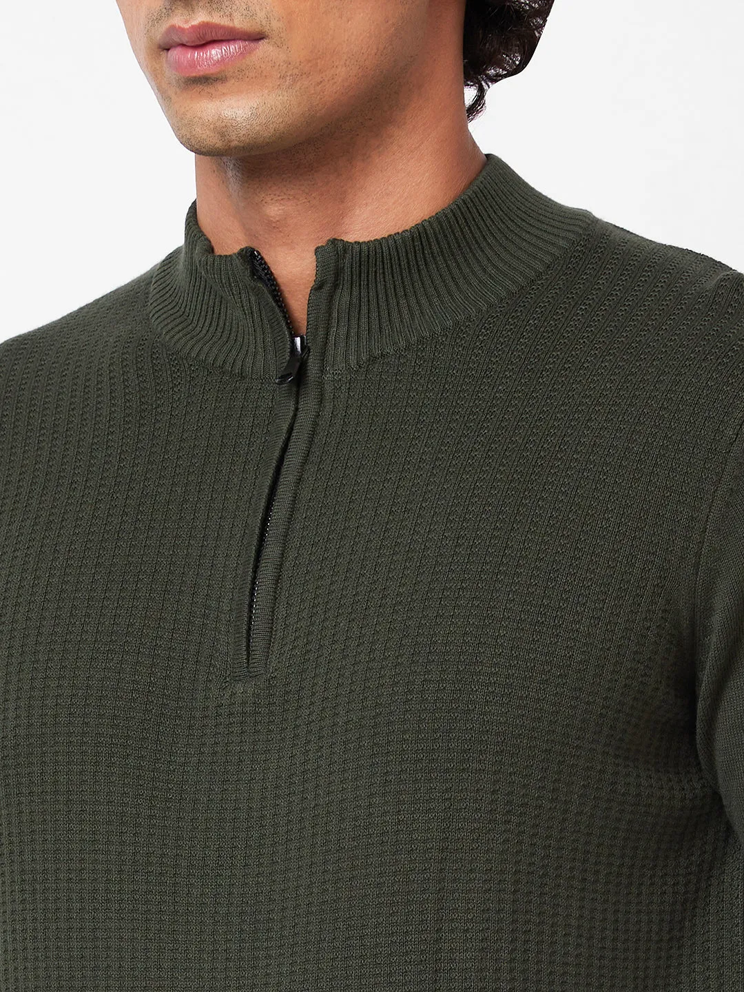 Spykar Polo Collar Full Sleeves Green Sweater For Men