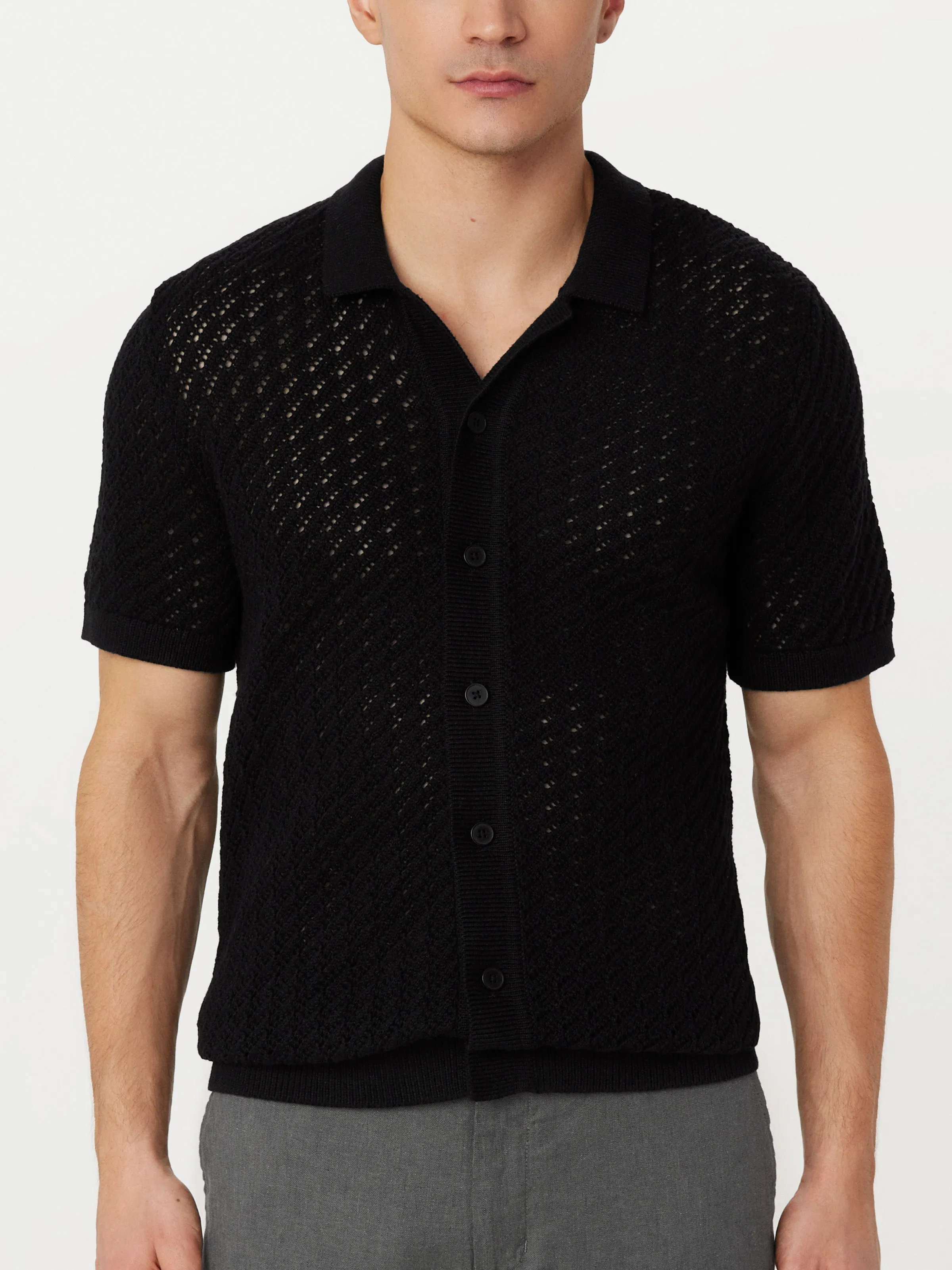 The Openwork Button Up Polo in Black