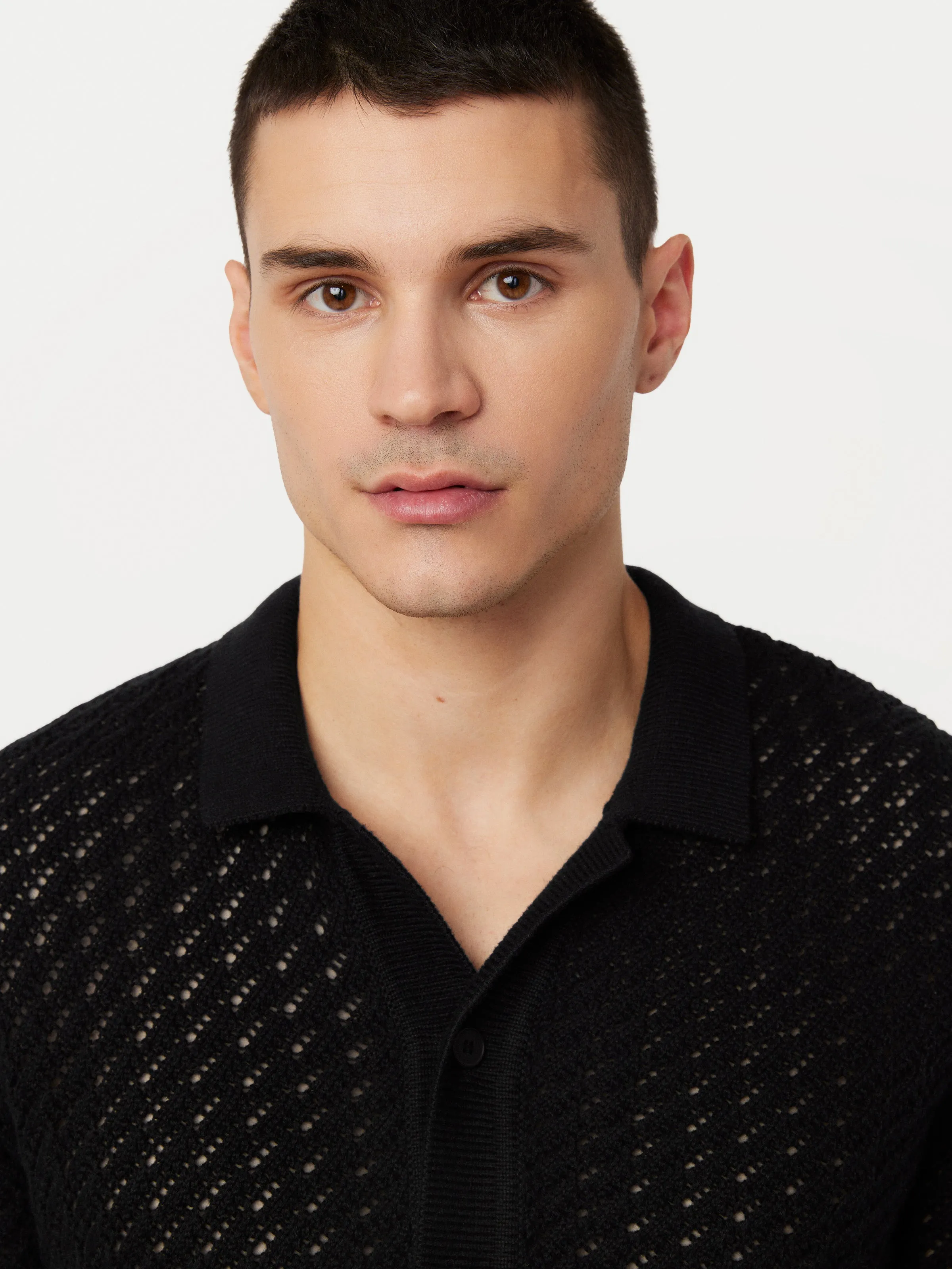 The Openwork Button Up Polo in Black