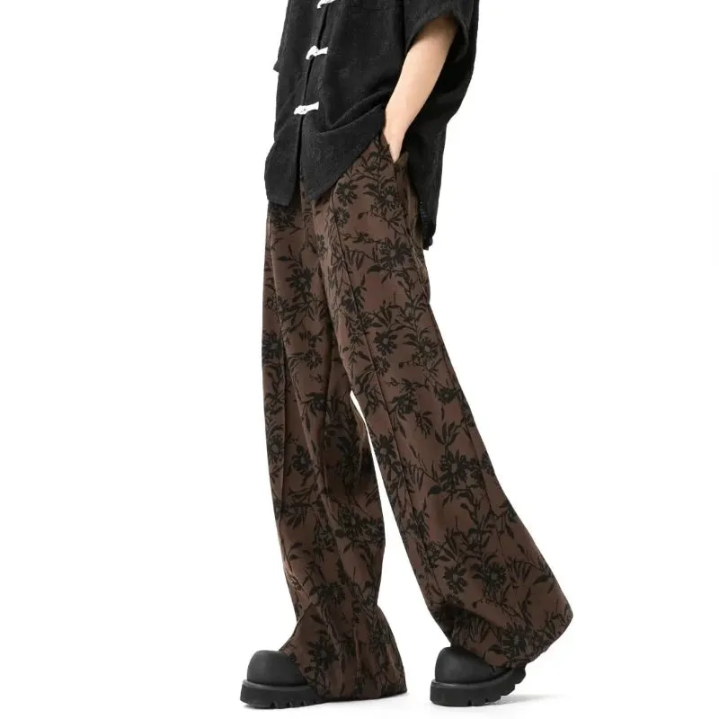 Toleet-2024 Casual Retro Mens Pants Japanese Street Harajuku Printed Straight Leg Trousers Big Pocket Fashion Wide Legs Overalls New