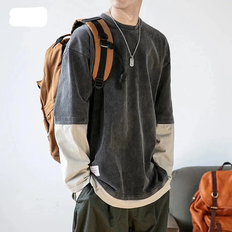 TOLEET-Japanese Streetwear Fake Two Sweatshirts Fashion Round Neck Loose Pullover Men Clothing Harajuku Top Hip Hop Casual Clothes