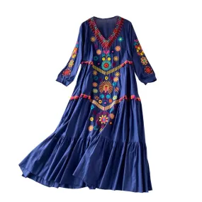 Uniwim Vintage Chic Women  Floral Embroidery Beach Bohemian Mini Dress Ladies Short Sleeve V-neck Cotton and Linen Boho Dresses Vestido