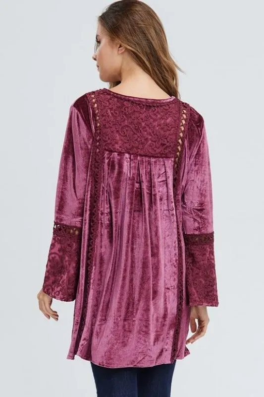 Velzera Boho Embroidered Velvet Tunic Dress - Dusty Rose