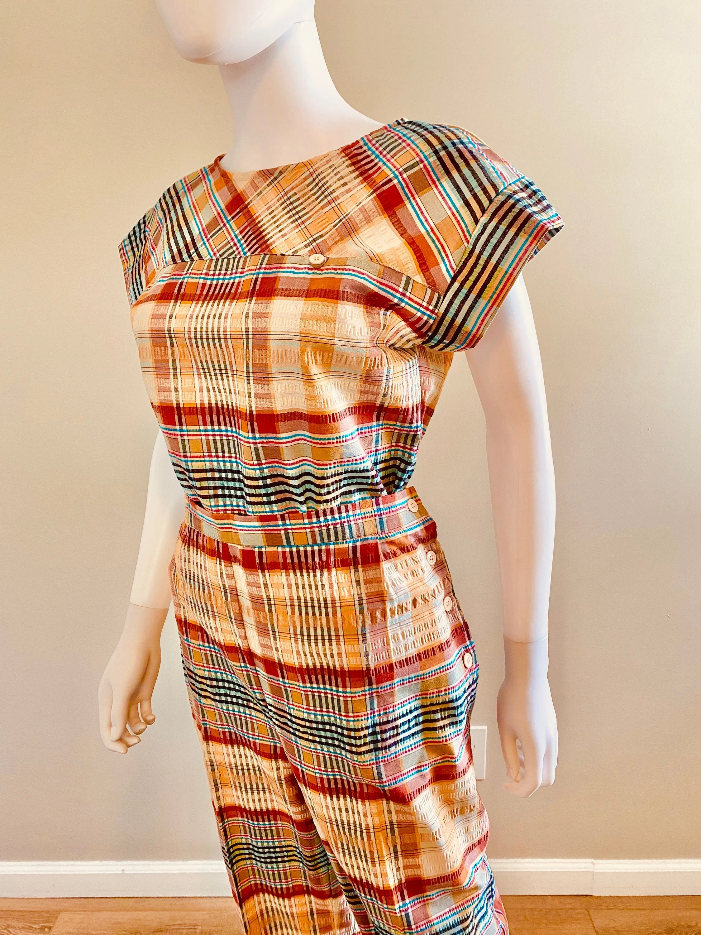 Vintage 1970s Madras Plaid Side Button Capri and Blouse Set / 70s does 1950s cotton pants and top / Size S