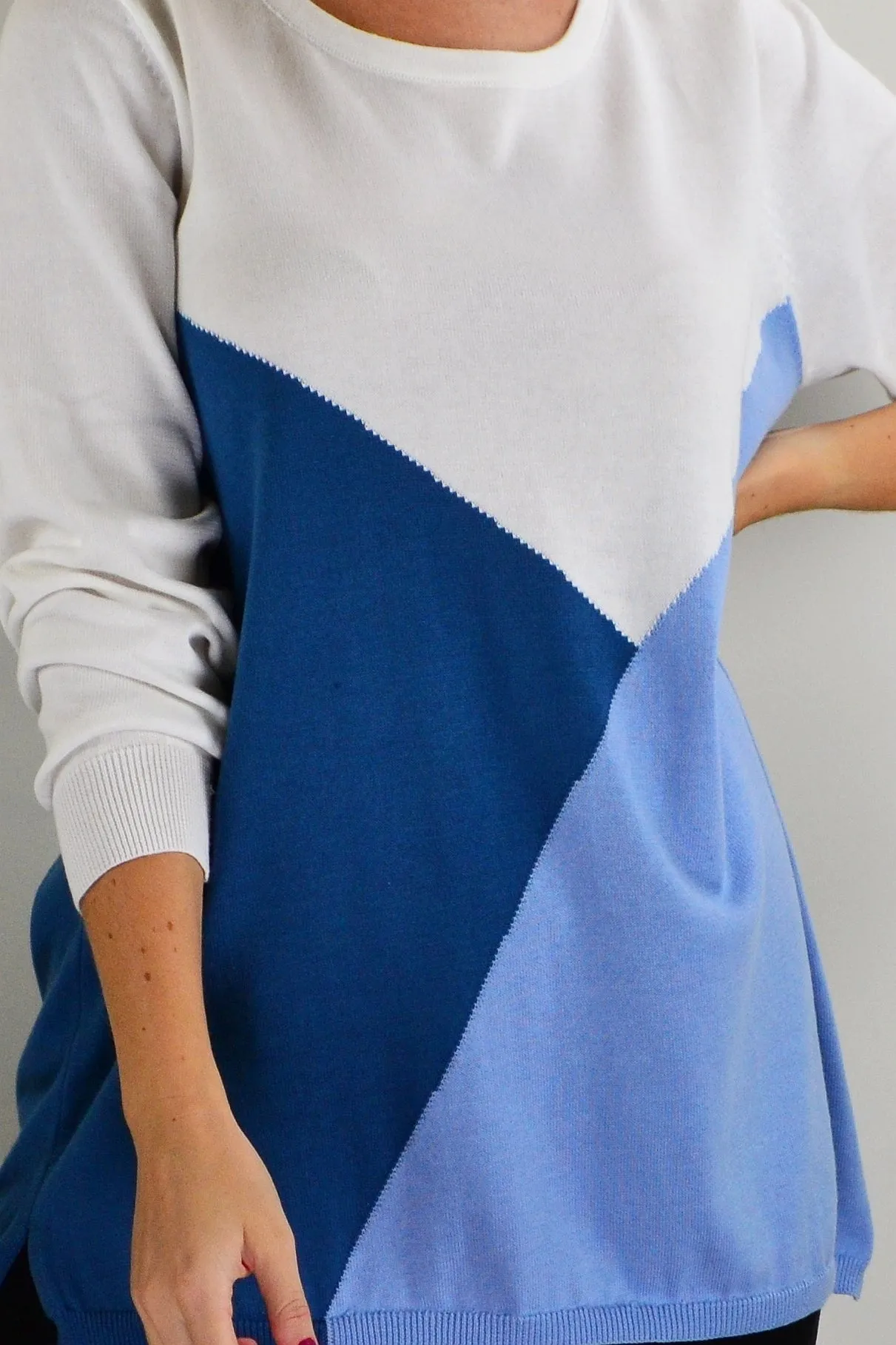 White Blue Patchwork Pattern Jumper