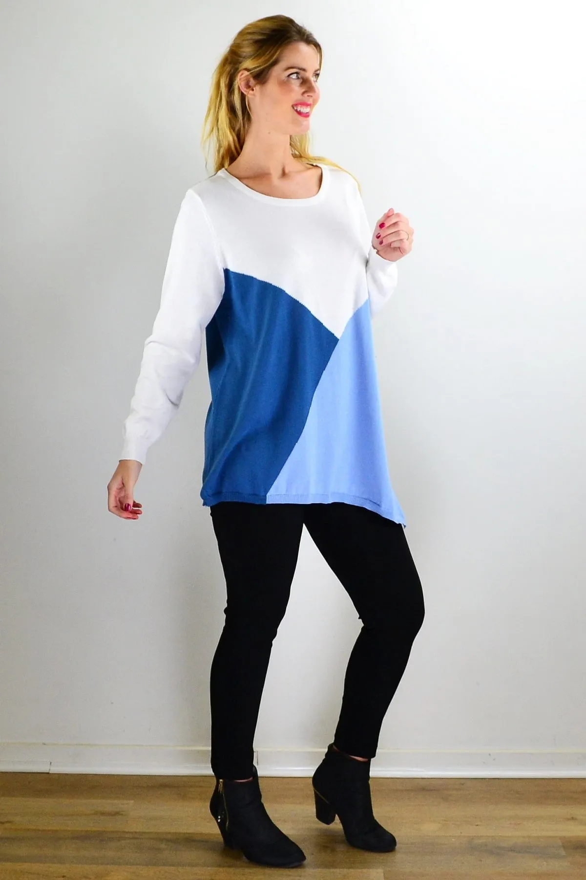 White Blue Patchwork Pattern Jumper