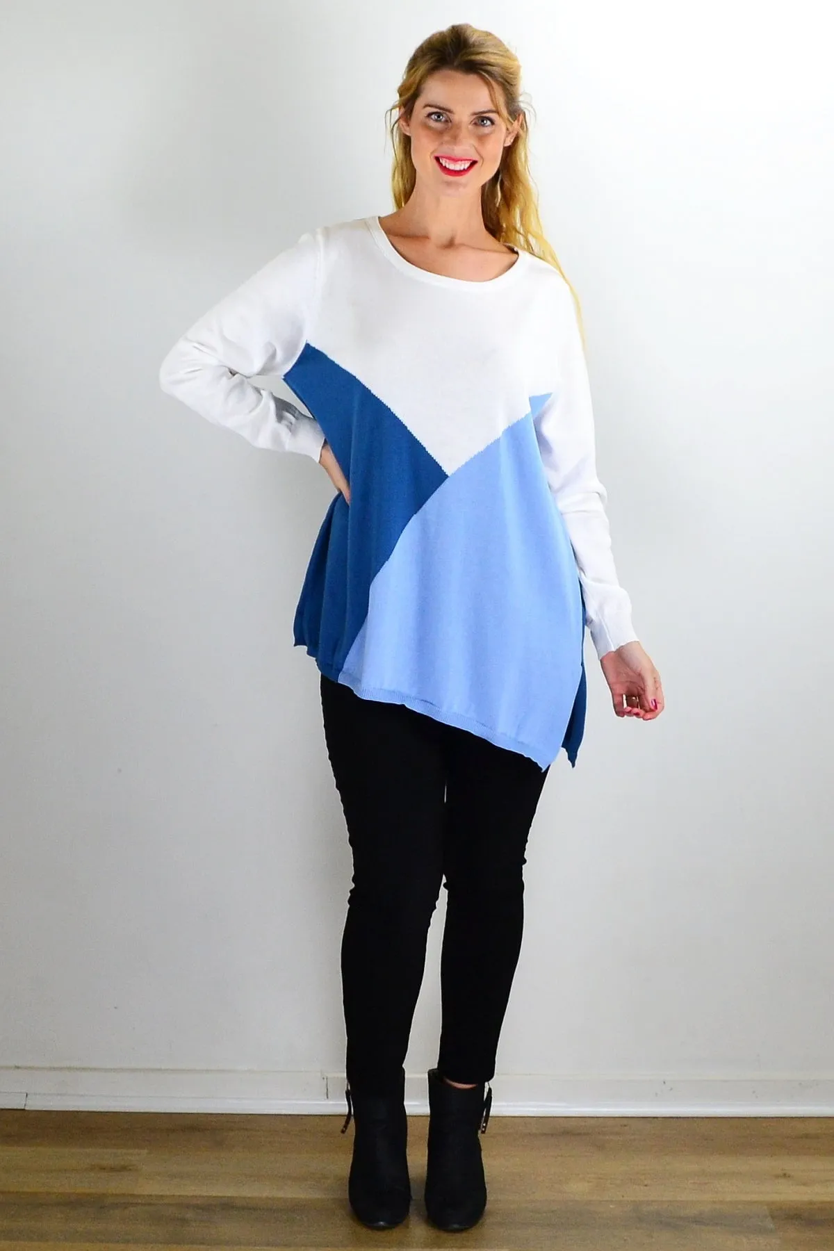 White Blue Patchwork Pattern Jumper