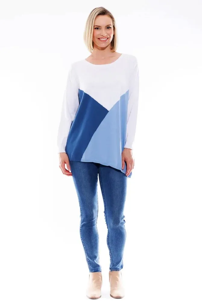 White Blue Patchwork Pattern Jumper