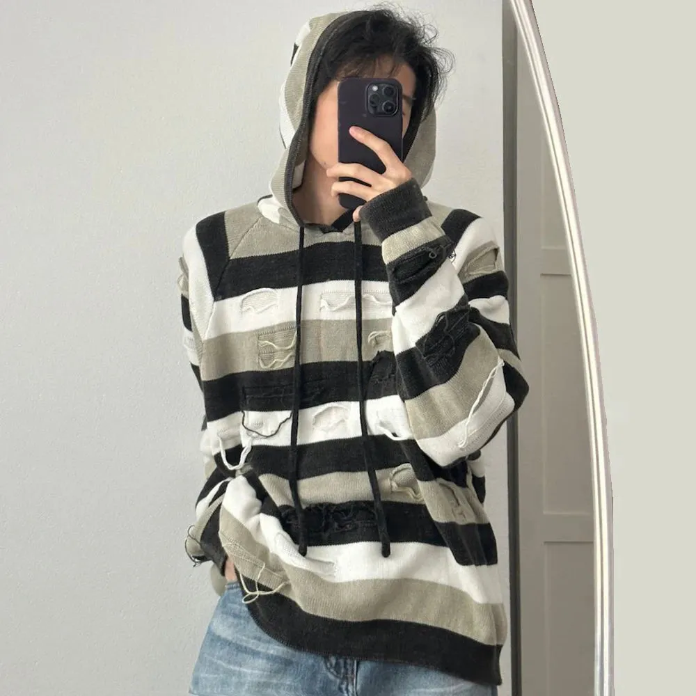 Wiaofellas Holed Striped Lazy Style Hooded Sweater Mens American Retro Loose Comfortable Casual Trendy Autumn Winter Knitted Sweater Jacket