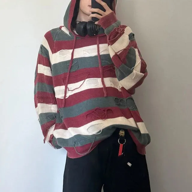 Wiaofellas Holed Striped Lazy Style Hooded Sweater Mens American Retro Loose Comfortable Casual Trendy Autumn Winter Knitted Sweater Jacket