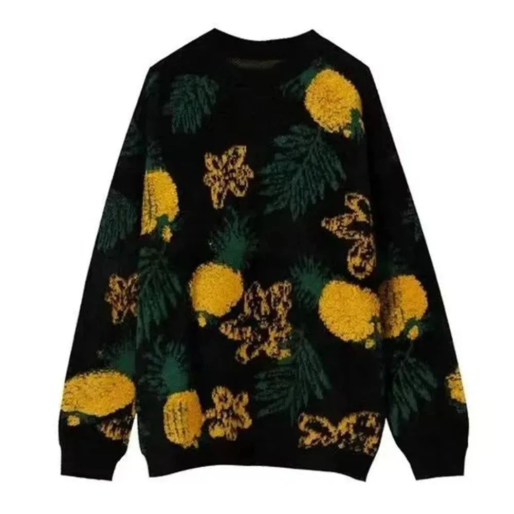 Wiaofellas  -  Mens Autumn Winter Y2k Pineapple Jacquard Knitted Sweater Genderless Fashion Trend Casual Loose Lazy Style Couple Sweater Unisex