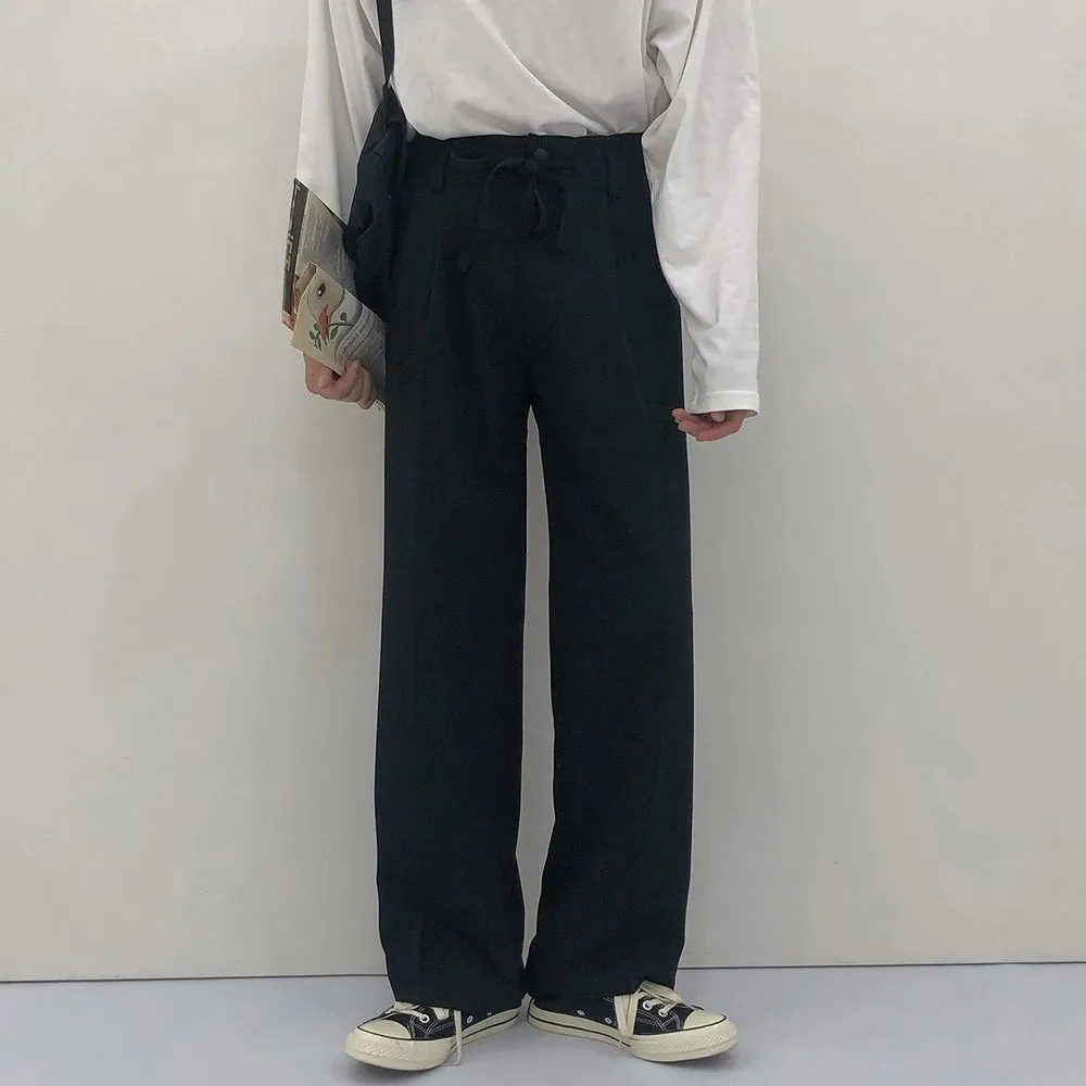 Wiaofellas  -  New Spring Summer Men's Casual Straight Classic Black Rose High Waist Pants Korean Wide Leg Trousers For Men