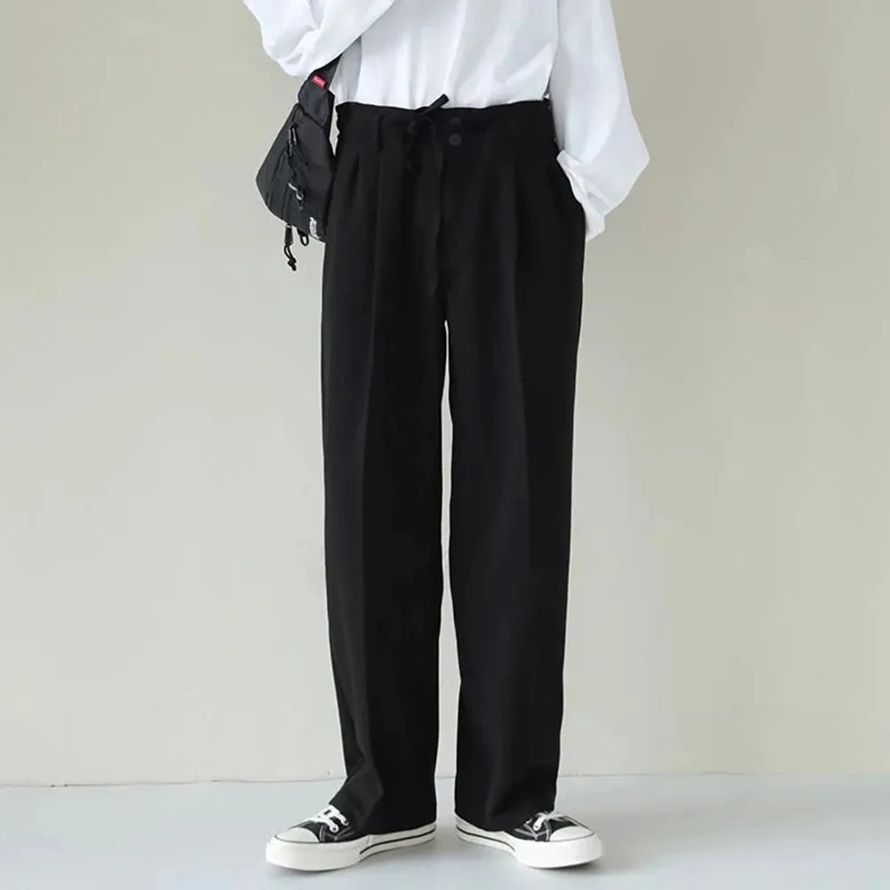 Wiaofellas  -  New Spring Summer Men's Casual Straight Classic Black Rose High Waist Pants Korean Wide Leg Trousers For Men